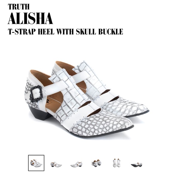 Fluevog Truth Alisha T-Strap Heel with Skull Buckle in White Croc 🤍🖤 - Picture 9 of 11